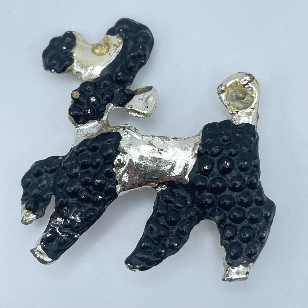 Vintage 90s Silver Tone Textured Black Enamel Poodle Dog Brooch Pin Jewelry 90s